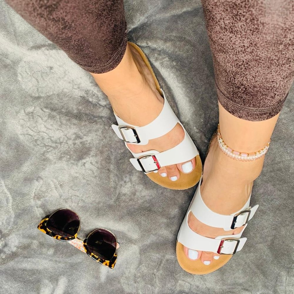 Women's White SlideBuckle T-Strap Platform Sandals - Picture 1 of 15